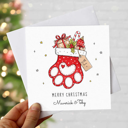 Personalised Pet Christmas Card for Dog or Cat, Paw Print Stocking Xmas Card