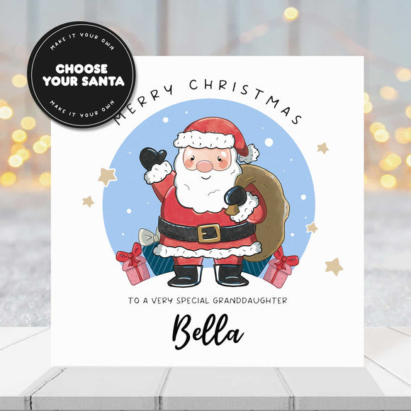 Personalised Santa card for granddaughter with Merry Christmas greeting.