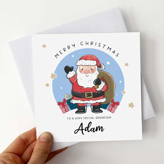 Personalised Santa card with "Merry Christmas Grandson" greeting.
