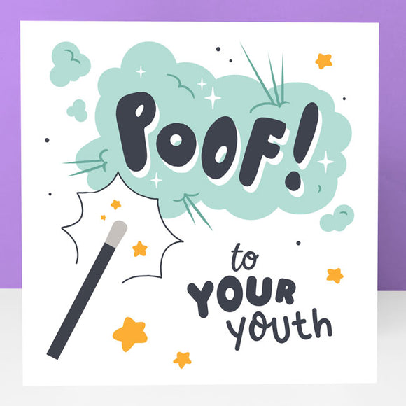 Birthday card with playful design celebrating youthfulness and aging.