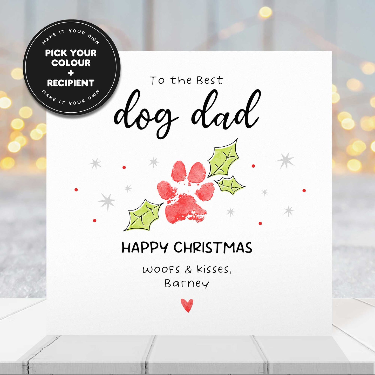 Dog Dad Christmas Card from the Dog – Personalised Holly Pawprint Design