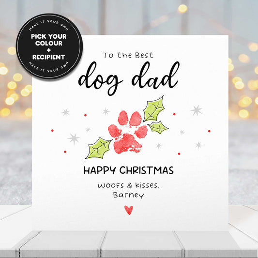 Dog Dad Christmas Card from the Dog – Personalised Holly Pawprint Design