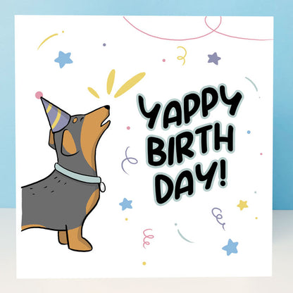Sausage dog-themed birthday card with "Yappy Birthday" pun.