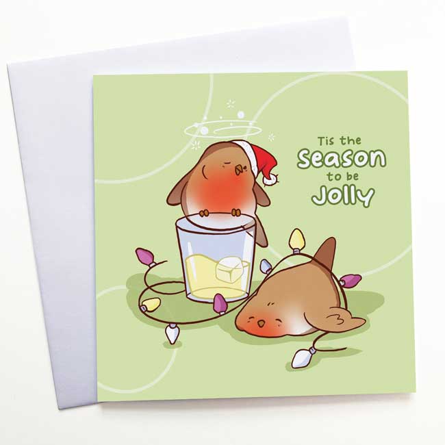 Festive holiday card with the phrase "Tis The Season To Be Jolly."