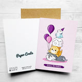 Illustrated pink birthday card featuring adorable animals celebrating.