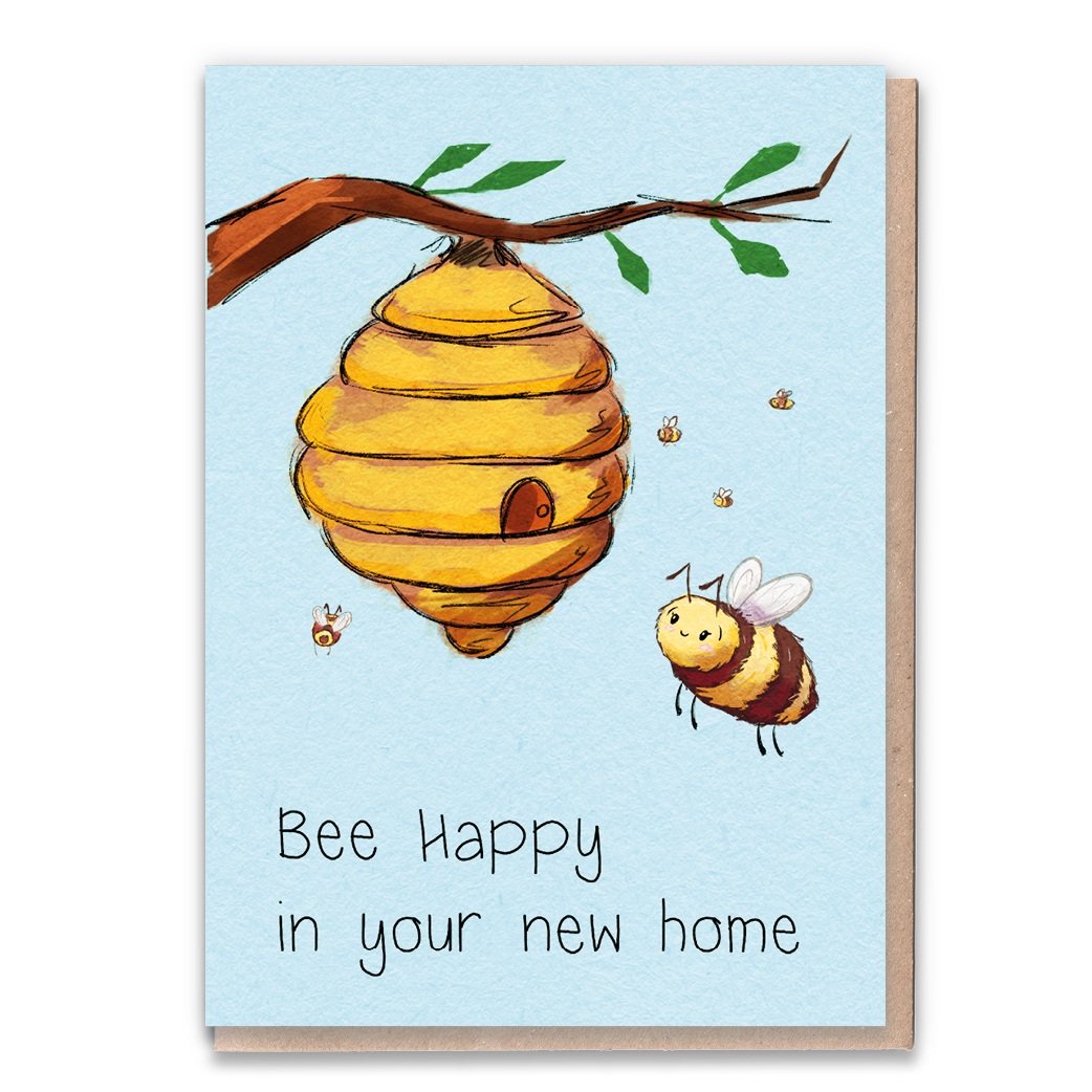Bee-themed greeting card celebrating a new home.