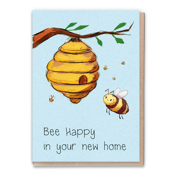 Bee-themed greeting card celebrating a new home.