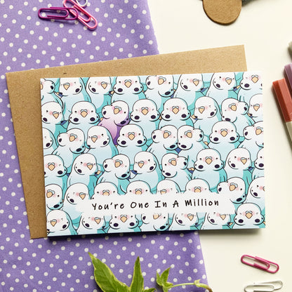 Greeting card with unique bird design symbolising a one-in-a-million person.