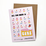 Illustrated birthday card with the phrase "All You Need Is Cake."