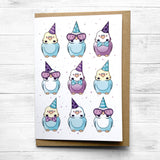Birthday card featuring budgies wearing hats and bows.