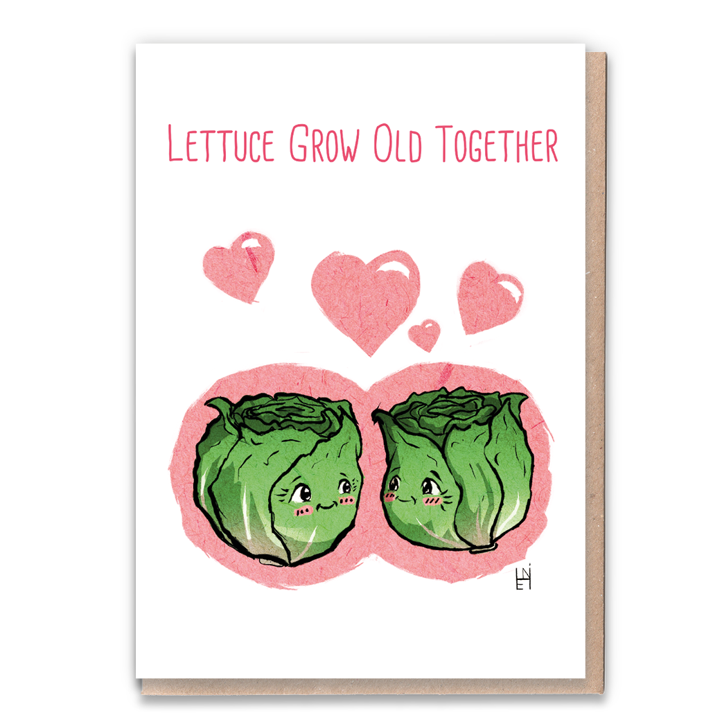 Greeting card with pun, featuring lettuce and romantic phrase.