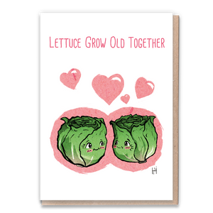 Greeting card with pun, featuring lettuce and romantic phrase.
