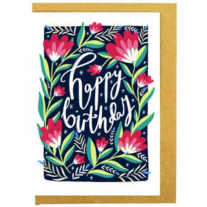 Blue floral card with "Happy Birthday" greeting.