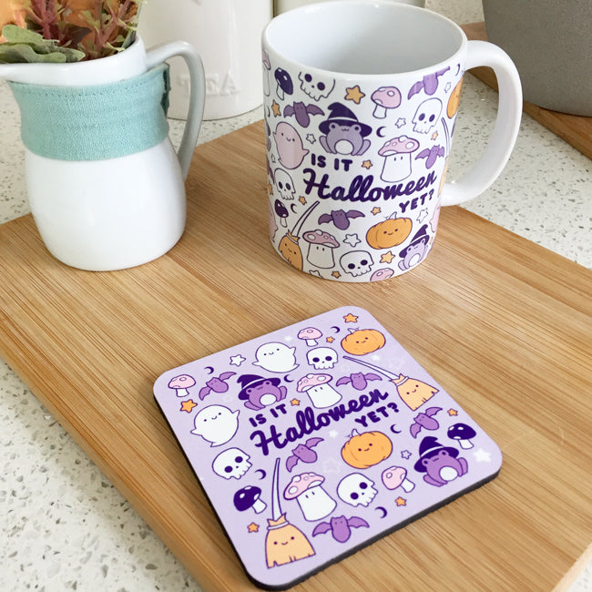 Halloween-themed mug with text "Is It Halloween Yet?" in spooky font.