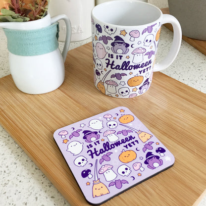 Halloween-themed mug with text "Is It Halloween Yet?" in spooky font.