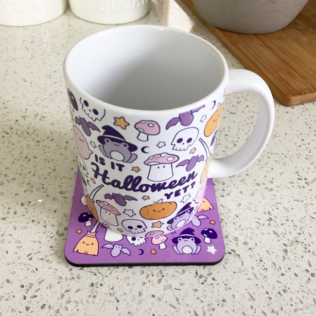 Halloween-themed coaster with 'Is It Halloween Yet?' text and spooky graphics.