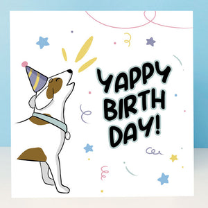 Jack Russell card with "Yappy Birthday From the Dog" text.