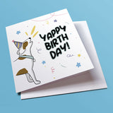 Jack Russell terrier on card with "Yappy Birthday" text for dog lovers.