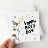 Jack Russell terrier on card with "Yappy Birthday" text for dog lovers.
