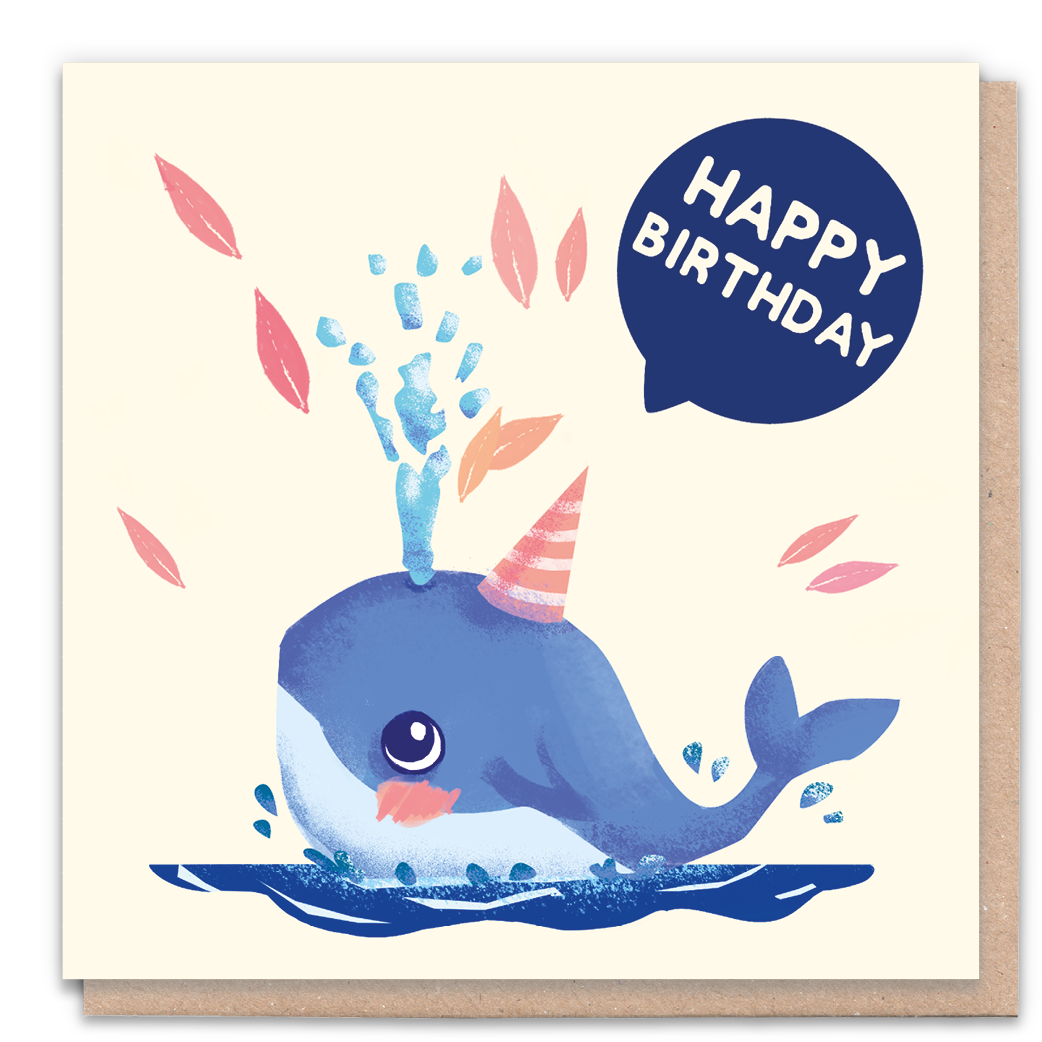 Illustrated birthday card featuring a cheerful whale.