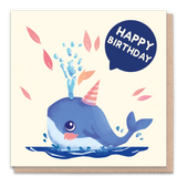 Illustrated birthday card featuring a cheerful whale.