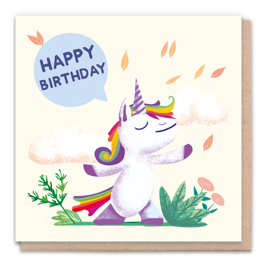 Colorful birthday card featuring a whimsical unicorn illustration.