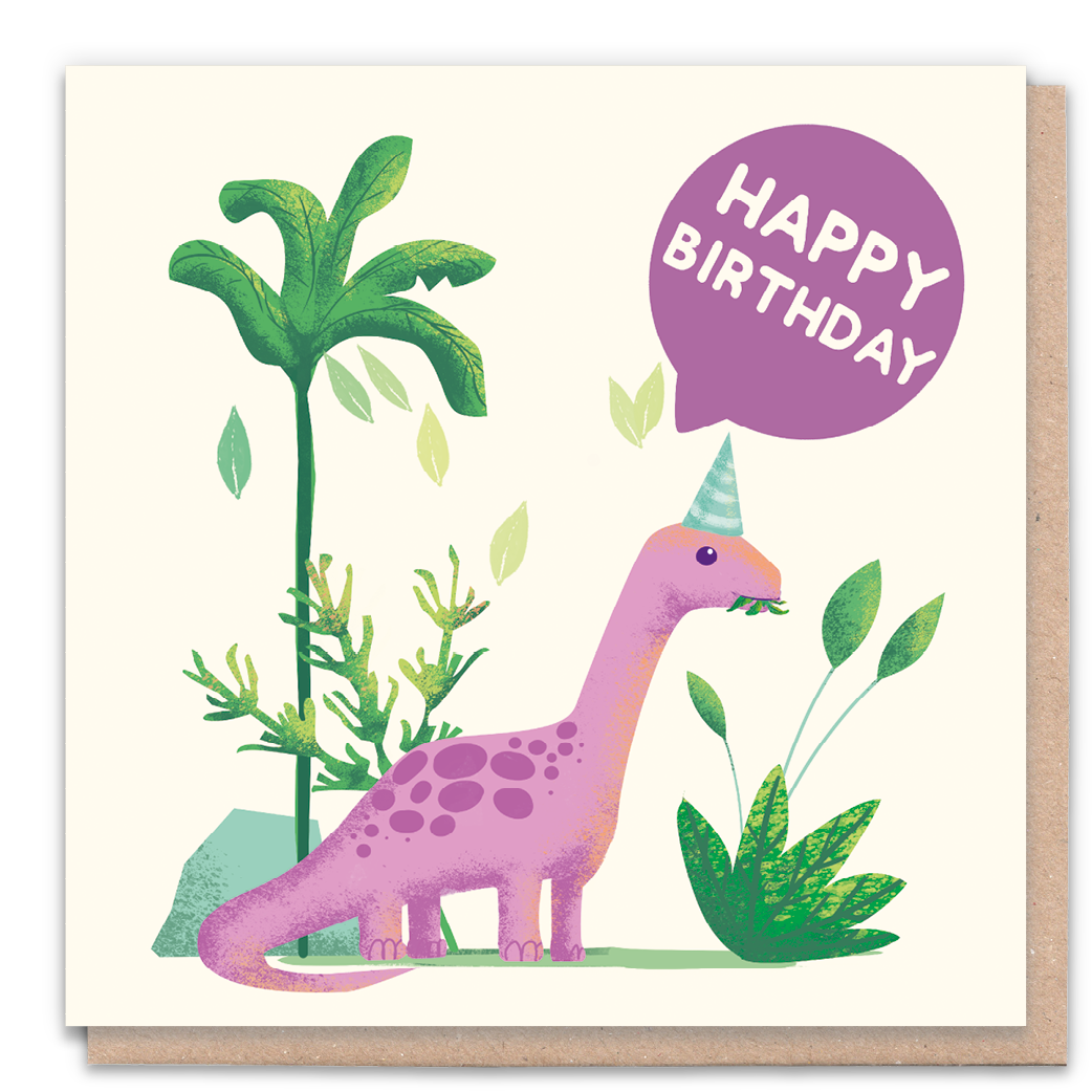 Illustrated birthday card with a cheerful dinosaur theme.