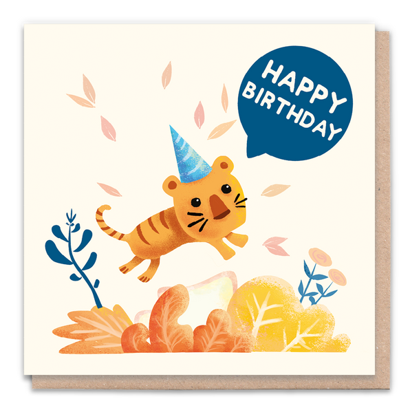 Illustrated birthday card featuring a tiger with party hat.