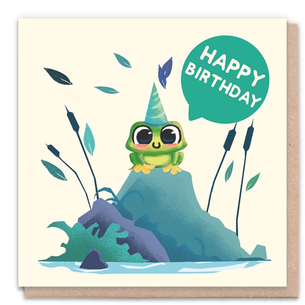 Frog-themed birthday card with festive design and cheerful colors.