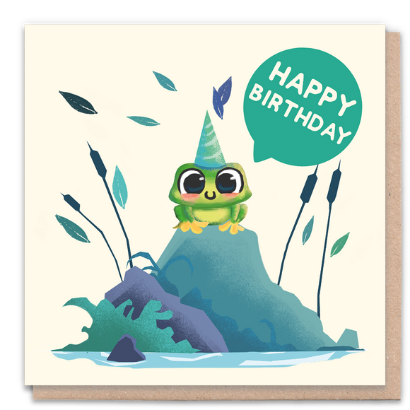 Frog-themed birthday card with festive design and cheerful colors.