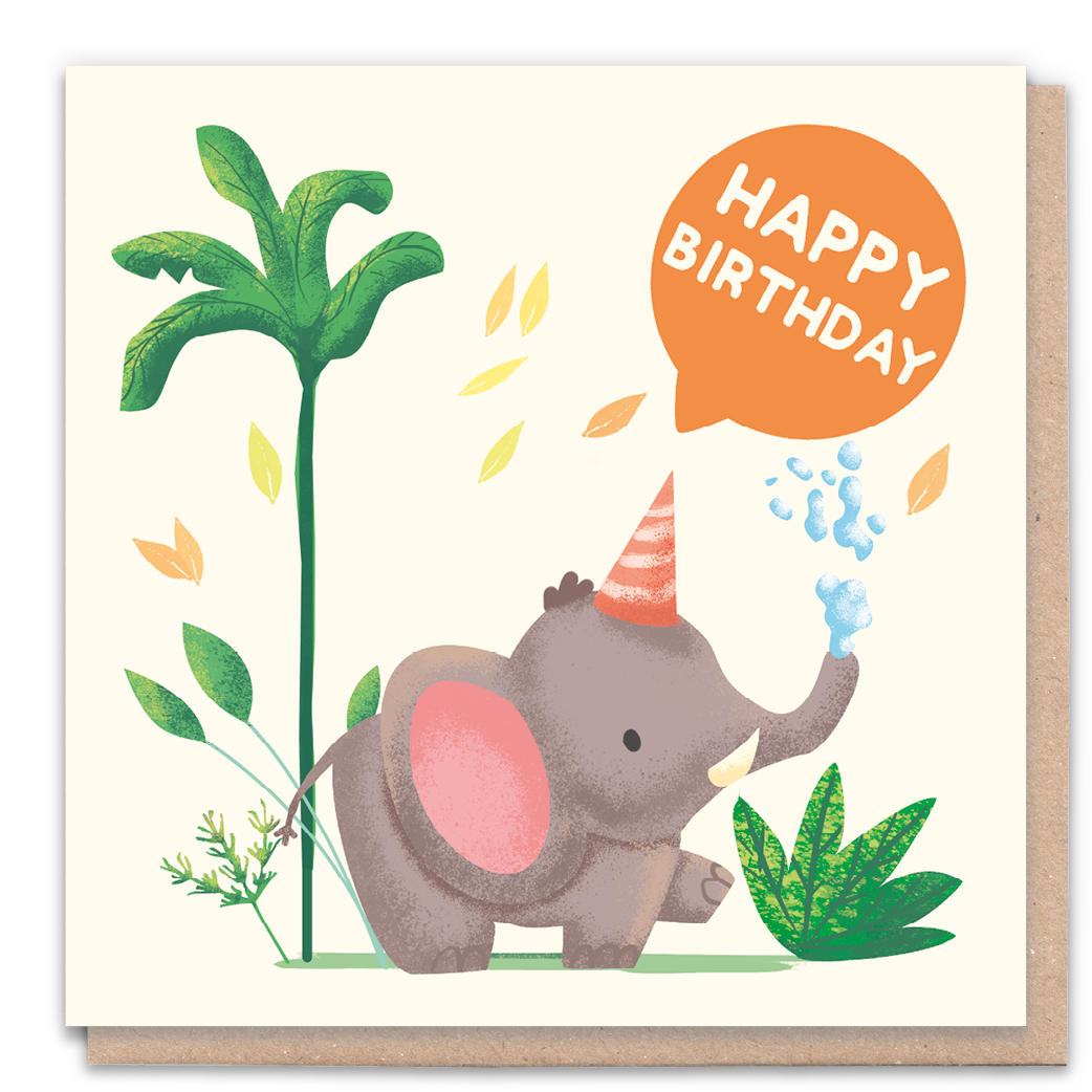 Illustrated birthday card featuring a cheerful elephant celebrating.