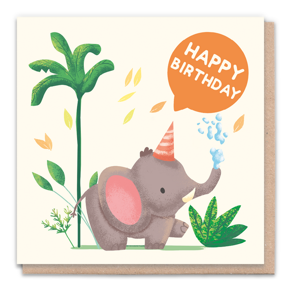 Illustrated birthday card featuring a cheerful elephant celebrating.