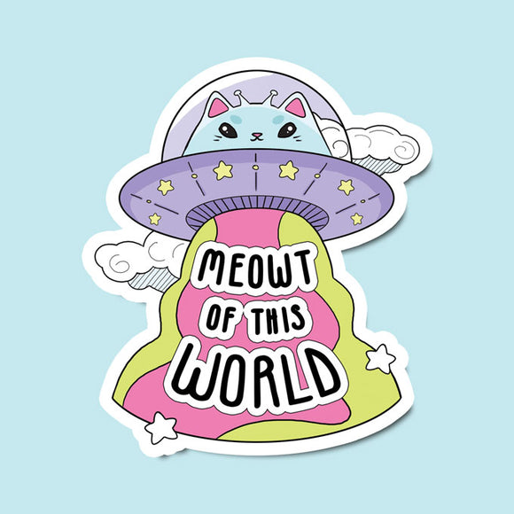 Space-themed sticker featuring a cat in astronaut gear.