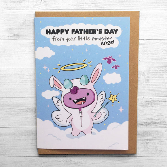 Father's Day card with cute little monster illustration.