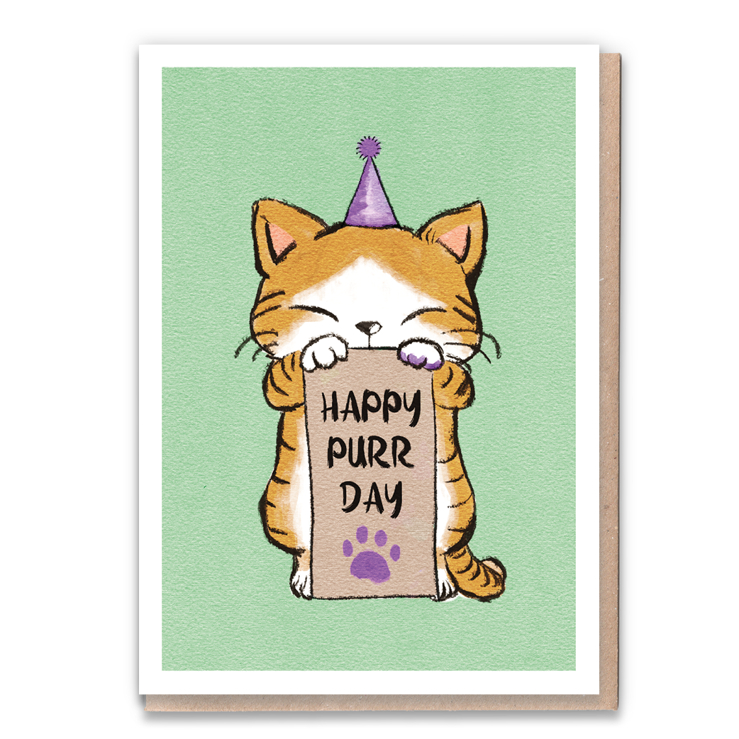 Ginger cat birthday card with Happy Purrday design and party hat