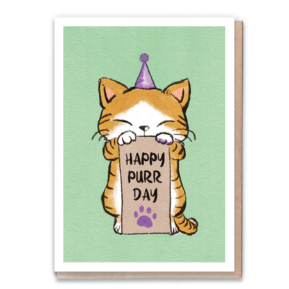 Cat-themed birthday card with "Happy Purrday" celebration message.