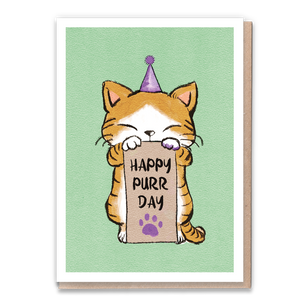 Cat-themed birthday card with "Happy Purrday" celebration message.