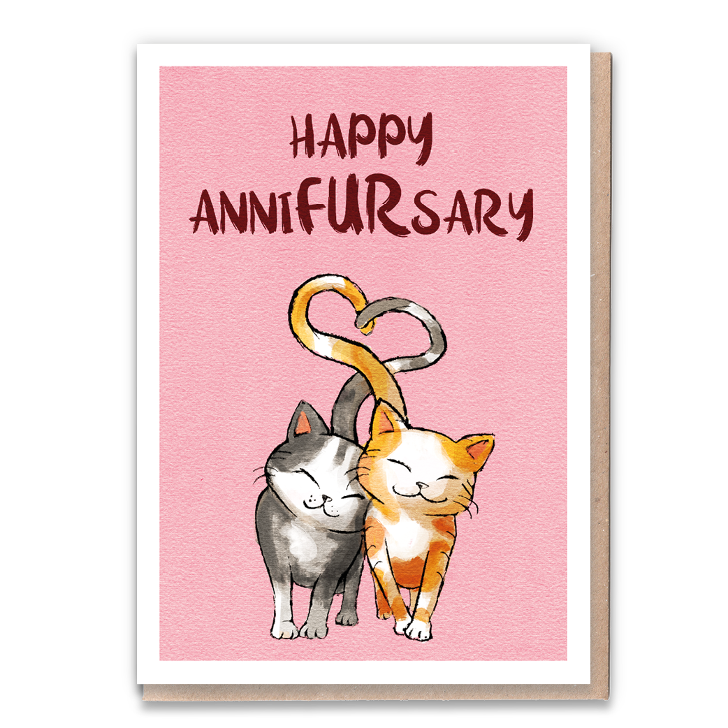 Anniversary card with pun "Happy Annifursary" featuring cute animals.