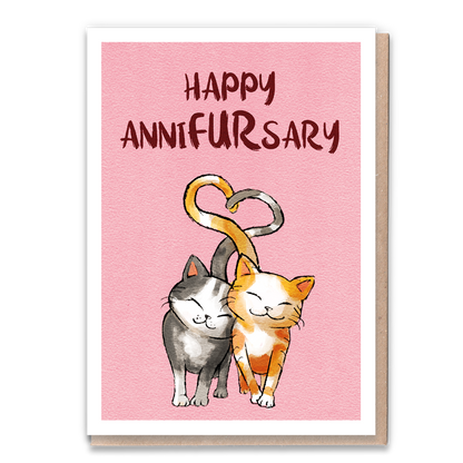 Anniversary card with pun "Happy Annifursary" featuring cute animals.
