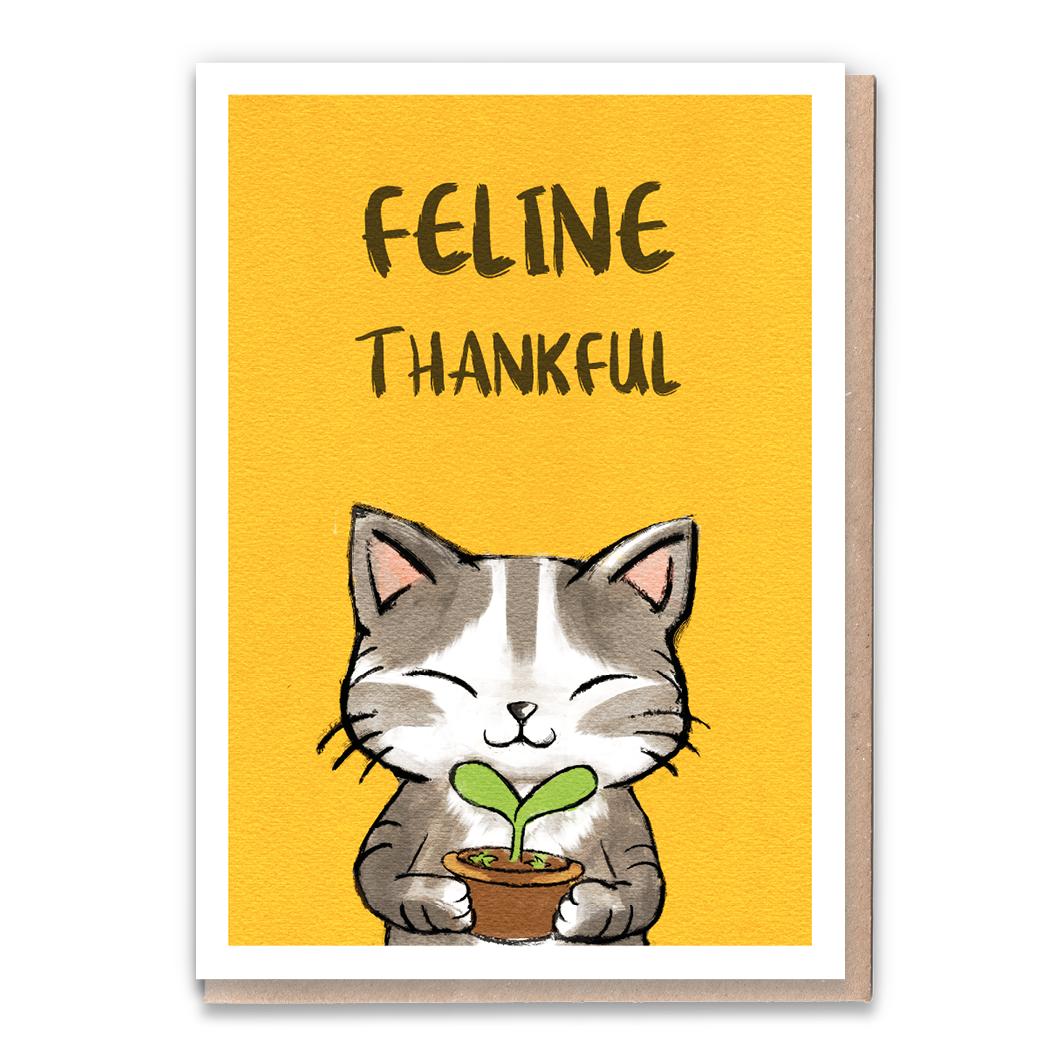 Cat-themed thank you card with a gratitude message.