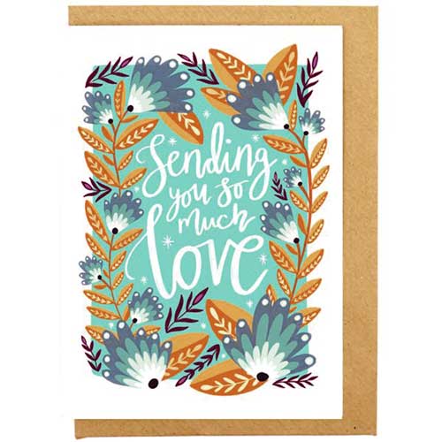 Greeting card with "Sending So Much Love" text and hearts.