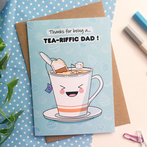 Greeting card with tea theme celebrating a fantastic father.