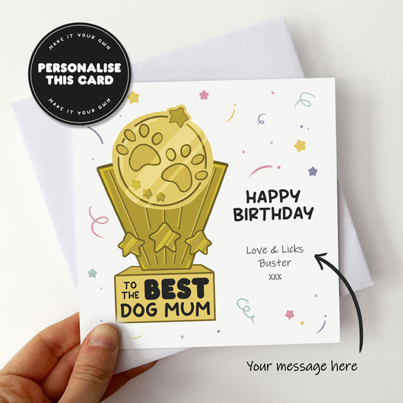 Trophy-shaped card celebrating the best dog mom.