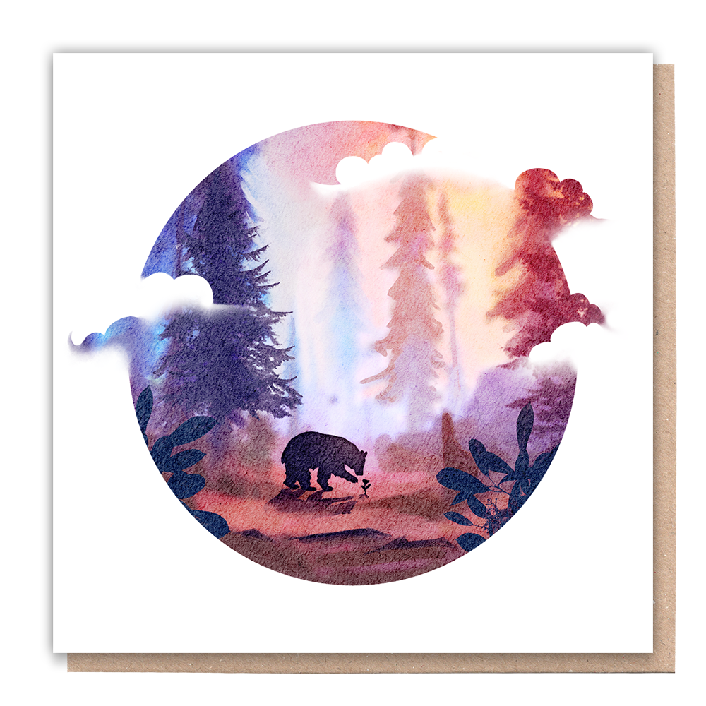 Watercolor card featuring a wild bear in a natural setting.