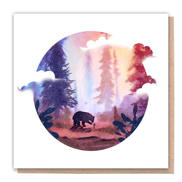 Watercolor card featuring a wild bear in a natural setting.