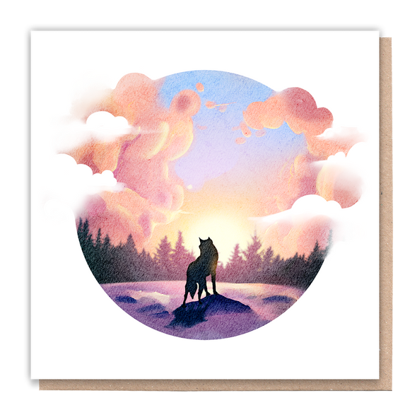 Watercolor greeting card featuring a wolf with a sunset backdrop.