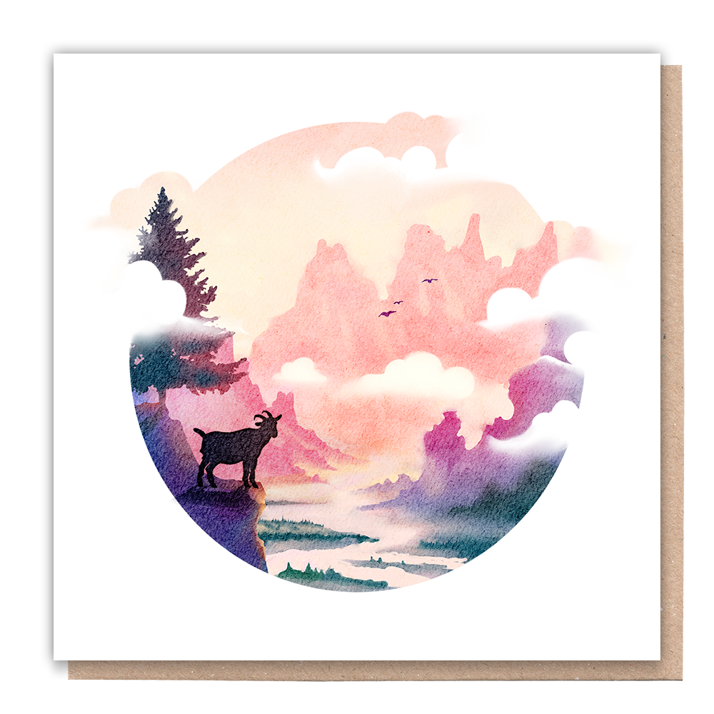 Watercolor card featuring a mountain goat in a natural setting.