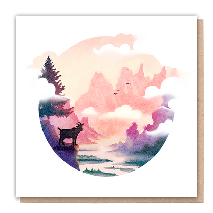 Watercolor card featuring a mountain goat in a natural setting.