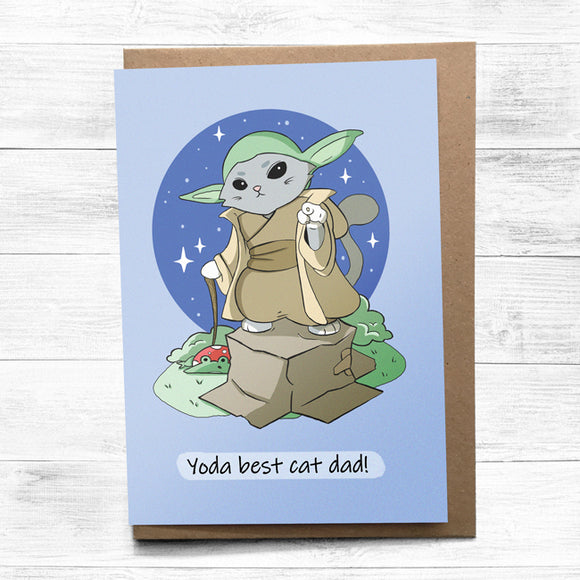 Greeting card with Yoda praising recipient as best cat dad.