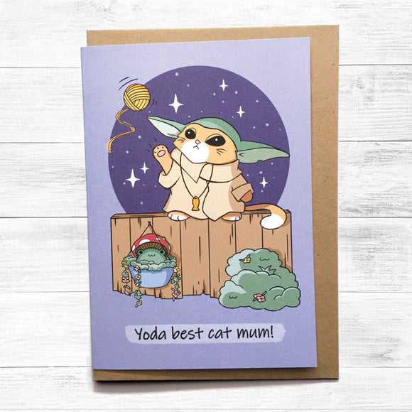 Greeting card with Yoda praising recipient as best cat mom.